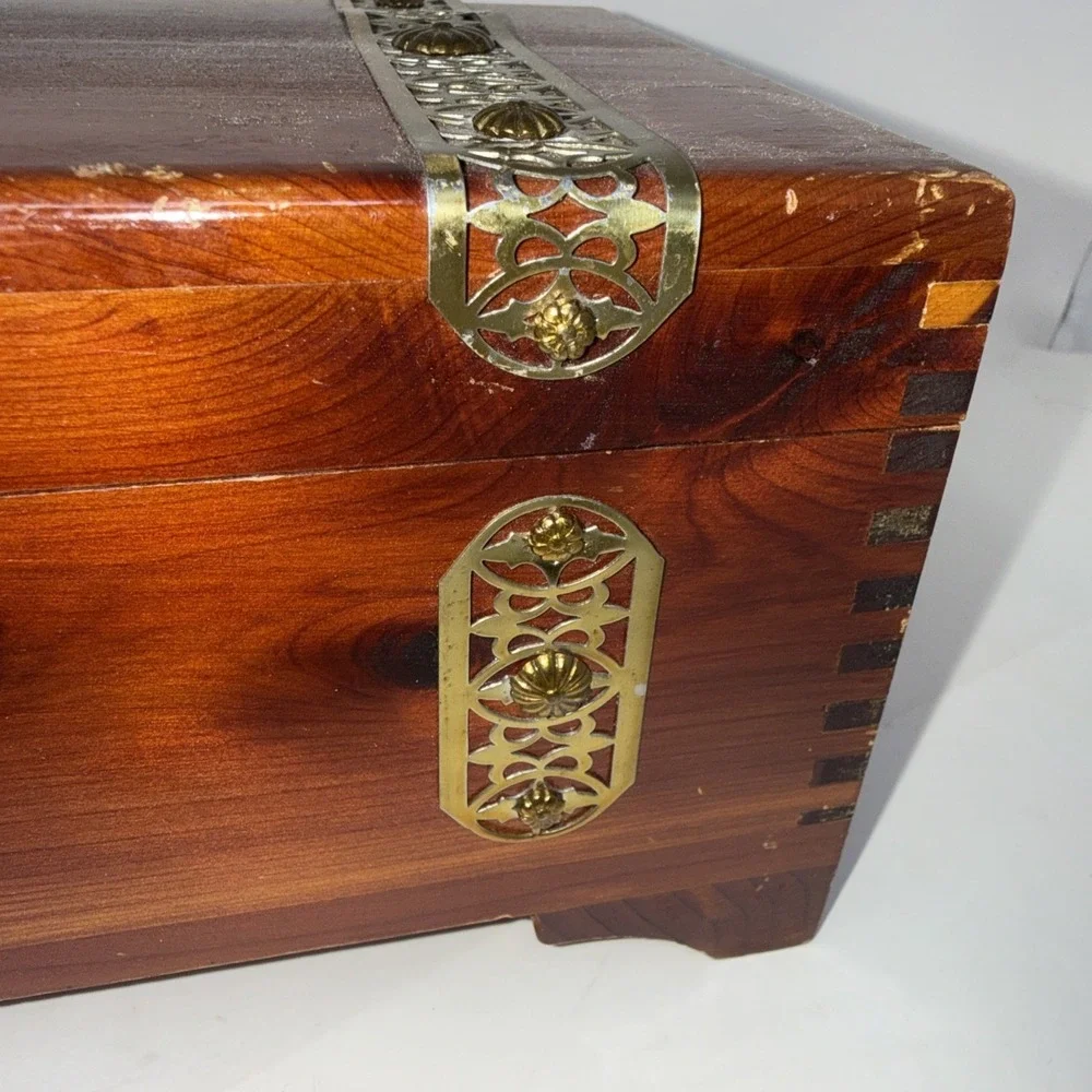 Vintage Cedar Wood Keepsake Box Brass Hardware Footed Trinket Chest Jewelry Box